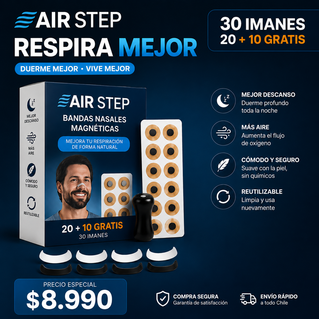 AirStep™Banda Nasal Magnética - ¡20 Imanes + 10 Gratis!